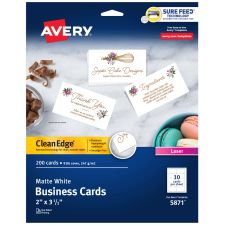 Avery Clean Edge Business Cards, Laser, 2 x 3.5, White, 10 Cards/Sheet, 20 Sheets/Pack
