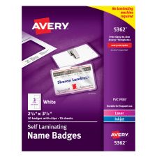 Avery Customizable Self-Laminating Name Badges, 5362, 2.25" x 3.5", White, 30 Name Tags With Clips