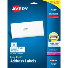Avery Easy Peel Address Labels With Sure Feed Technology, 5260, Rectangle, 1" x 2-5/8", Matte White, Pack Of 750