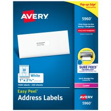 Avery Easy Peel Address Labels With Sure Feed Technology, 5960, Rectangle, 1" x 2-5/8", Matte White, Box Of 7,500