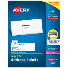 Avery Easy Peel Address Labels With Sure Feed Technology, 5962, Rectangle, 1-1/3" x 4", Matte White, Box Of 3,500