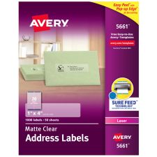 Avery Easy Peel Permanent Laser Address Labels, 5661, 1" x 4", Clear, Pack Of 1,000
