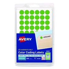 Avery Handwrite Only Self-Adhesive Removable Round Color-Coding Labels, 0.5" dia, Neon Green, 60/Sheet, 14 Sheets/Pack, (5052)