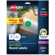 Avery High Visibility Labels With Sure Feed For Laser Printers, 5293, Round, 1-2/3", White, Pack Of 600