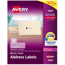 Avery Matte Address Labels With Sure Feed Technology, 5660, Rectangle, 1" x 2-5/8", Clear, Pack Of 1,500