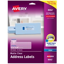 Avery Matte Address Labels With Sure Feed Technology, 8662, Rectangle, 1-1/3" x 4", Clear, Pack Of 350