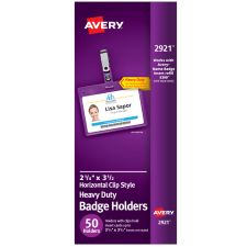 Avery Secure Top Badge Holders, For 2 1/4" x 3 1/2" Badge, Landscape With Clip, Clear, Box Of 50