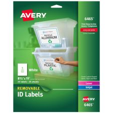 Avery Self-Adhesive Removable ID Labels, 6465, Rectangle, 8.5" x 11", White, Pack Of 25