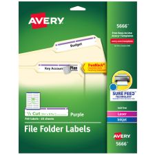 Avery TrueBlock File Folder Labels With Sure Feed Technology, 5666, Rectangle, 2/3" x 3-7/16", White/Purple, Pack Of 750