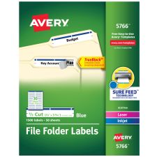 Avery TrueBlock File Folder Labels With Sure Feed Technology, 5766, Rectangle, 2/3" x 3-7/16", White/Blue, Pack Of 1,500