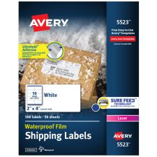 Avery Waterproof Labels With Ultrahold, 05523, Rectanlge, 2" x 4", White, 500 Labels For Laser Printers