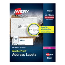 Avery WeatherProof Mailing Labels with TrueBlock Technology, AVE5522, Permanent Adhesive, White, Polyester, 14 Per Sheet, Pack Of 700