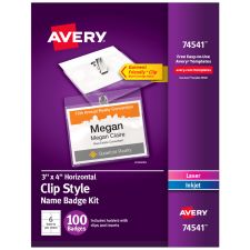 Avery Customizable Name Badges With Clips, Rectangle, 74541, 3" x 4", Clear Holders With White Inserts, 100 Badges
