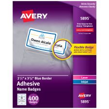 Avery Flexible Name Badge Labels, 5895, 2 1/3" x 3 3/8", White With Blue Border, Box Of 400