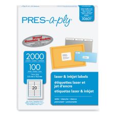 PRES-a-ply Labels, Laser Printers, 1 x 4, White, 20/Sheet, 100 Sheets/Box