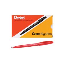 Pentel Sign Pens, Fine Point, 2.0 mm, Red Barrel, Red Ink, Pack Of 12 Pens
