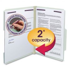 Smead Recycled Pressboard Folders, Two SafeSHIELD Coated Fasteners, 2/5-Cut: R of C, 2" Expansion, Letter Size, Gray-Green, 25/Box