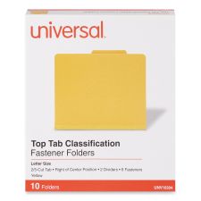 Universal Bright Colored Pressboard Classification Folders, 2" Expansion, 2 Dividers, 6 Fasteners, Letter Size, Yellow Exterior, 10/Box