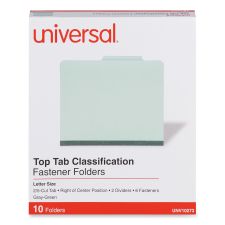 Universal Six-Section Pressboard Classification Folders, 2" Expansion, 2 Dividers, 6 Fasteners, Letter Size, Gray-Green, 10/Box