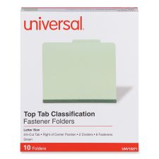 Universal Six-Section Pressboard Classification Folders, 2" Expansion, 2 Dividers, 6 Fasteners, Letter Size, Green Exterior, 10/Box