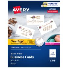 Avery Clean Edge Printable Business Cards With Sure Feed Technology For Laser Printers, 2" x 3.5", White, 1,000 Blank Cards