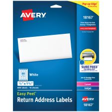 Avery Easy Peel Return Address Labels, AVE18167, 1/2" x 1 3/4", White, Pack Of 800