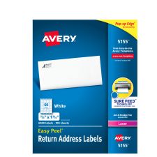 Avery Easy Peel Return Address Labels With Sure Feed Technology, 5155, Rectangle, 2/3" x 1-3/4", White, Pack Of 6,000