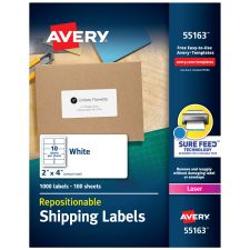 Avery Repositionable Shipping Labels With Sure Feed Technology, 55613, Rectangle, 2" x 4", White, Pack Of 1,000