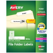 Avery TrueBlock File Folder Labels With Sure Feed Technology, 75366, Rectangle, 2/3" x 3-7/16", White, Pack Of 1,800