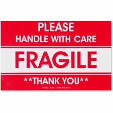 Tatco Fragile/Handle With Care Shipping Label, Rectangle, 3" x 5", Red/White, Roll of 500
