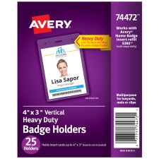 Avery Secure Top Badge Holders, Vertical Prepunched, 4" x 3" Badge, Clear, Box Of 25