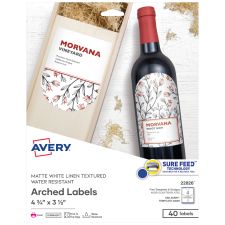 Avery Water-Resistant Arched Labels With Sure Feed, Print To The Edge, 22826, Arched, 4-3/4" x 3-1/2", Textured Matte White, Pack Of 40
