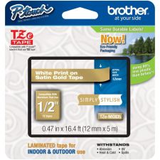 Brother TZe-MQ835 White-On-Satin Gold Tape, 0.5" x 196.8"