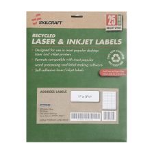 SKILCRAFT 100% Recycled Inkjet/Laser Address Labels, Rectangle, 1" x 2 5/8", White, Box Of 25 Sheets (AbilityOne 7530-01-578-9292)