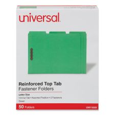 Universal Deluxe Reinforced Top Tab Fastener Folders, 0.75" Expansion, 2 Fasteners, Letter Size, Green Exterior, 50/Box