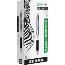 Zebra Z-Grip Flight Ballpoint Pen, Retractable, Bold 1.2 mm, Black Ink, Black/Gray/White Barrel, 12/Pack