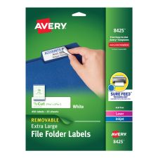 Avery Removable Extra-Large File Folder Labels, Sure Feed Technology, Removable Adhesive, White, 15/16 x 3-7/16, 450 Labels (8425)