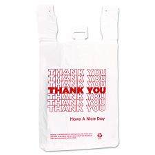 Inteplast Group HDPE T-Shirt Bags, Thank You - Have a Nice Day Labeling, Cut-Out Handles, 12" x 7" x 23", White/Red, 500/Carton