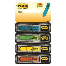 Post-it Flags, .47 in. x 1.7 in., 4 Dispensers, 20 Flags/Dispenser, Assorted Bright Colors, Printed "Sign & Date", Back to School Supplies - 684SD