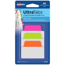 Avery Multiuse Ultra Tabs, 2-Side Writable, 2" x 1.5", Neon Pink/Green/Orange, Pack Of 48 Repositionable Tabs