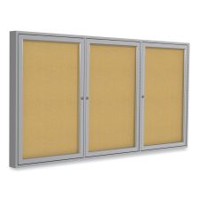 Ghent 3 Door Enclosed Natural Cork Bulletin Board with Satin Frame, 72" x 48", Tan Surface, Satin Aluminum Frame