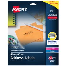 Avery Glossy Permanent Labels, 6521, Mailing, 1" x 2 5/8", Clear, Pack Of 300