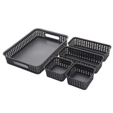 Plastic Weave Bin Set, Assorted Sizes, Black, Pack Of 5