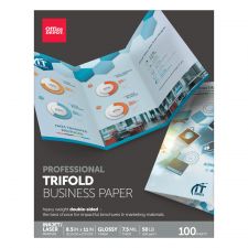 Professional Trifold Business Paper, Glossy, Double-Sided, Letter Size, White, Pack Of 100 Sheets