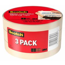 Scotch Home and Office Masking Tape, 3 Tape Rolls, 3/4 in x 60 yd, 3" Core, Tan