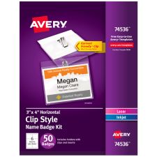 Avery Customizable Name Badges With Clips, Rectangle, 74536, 3" x 4", Clear Holders With White Inserts, Box Of 50