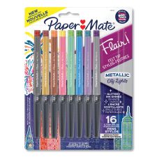 Paper Mate Flair Metallic Porous Point Pen, Stick, Medium 0.7 mm, Assorted Ink and Barrel Colors, 16/Pack