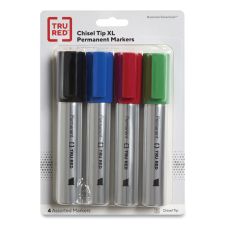 TRU RED XL Permanent Marker, Extra-Broad Chisel Tip, Assorted Colors, 4/Pack