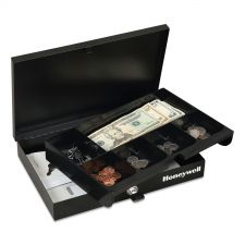 Honeywell Low Profile Cash Box,1 Bill, 5 Coin Slots, Key Lock, 11.6 x 8 x 1.9, Steel, Black