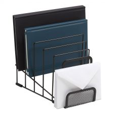 TRU RED Metal Incline Sorter with Wire Mesh Mobile Device Holder, 6 Sections, 7.48 x 8.77 x 7.55, Matte Black